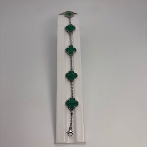 Green Malachite Four Leaf Clover Double Sided Silver Tone Five Motif Bracelet